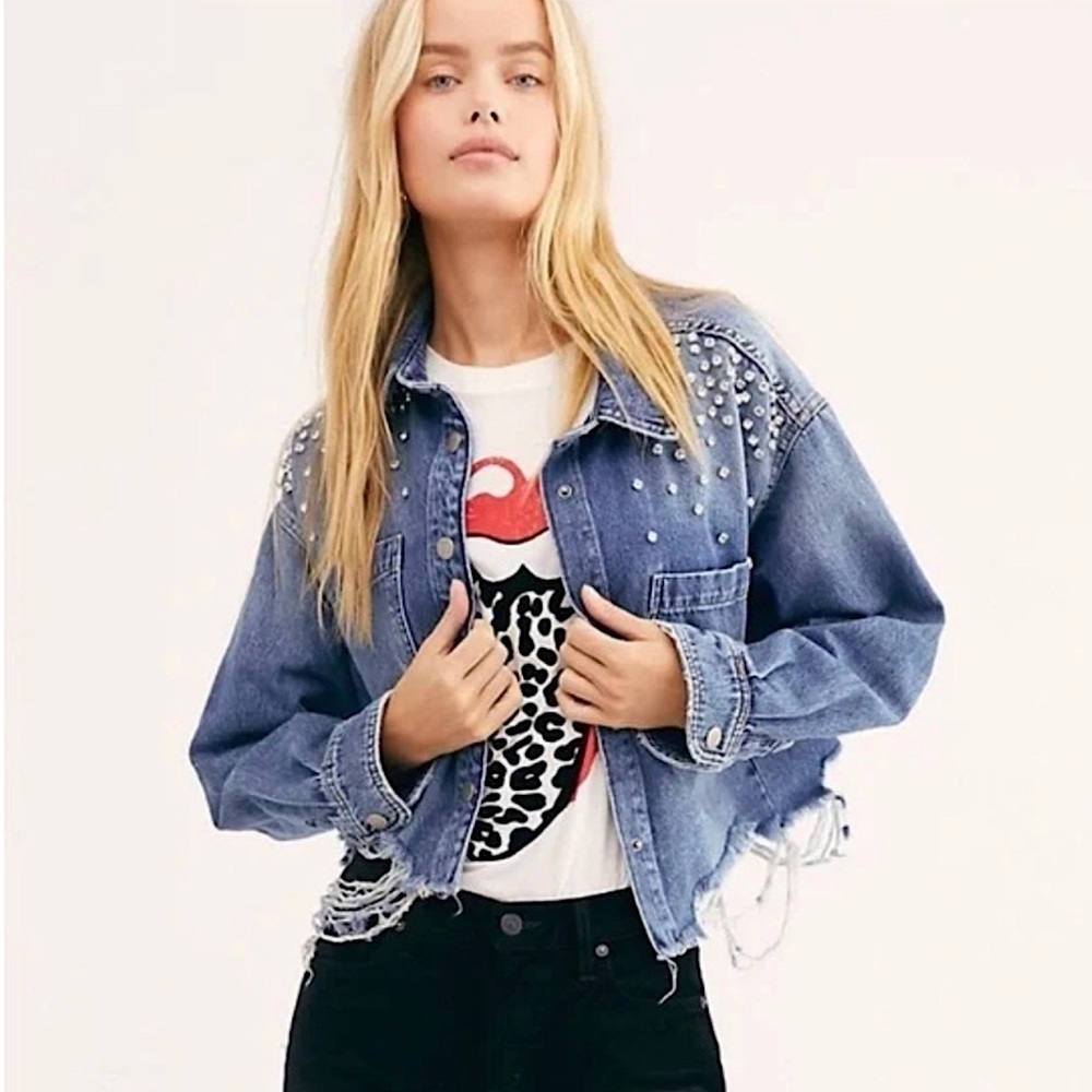 Free People Distressed Jeweled Jean Jacket